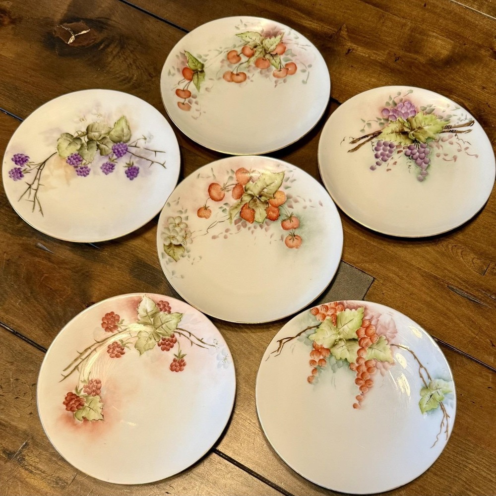 6pc VTG Antique Gotham Austria Hand Painted Signed 6" Fruit Dessert Plates Gold